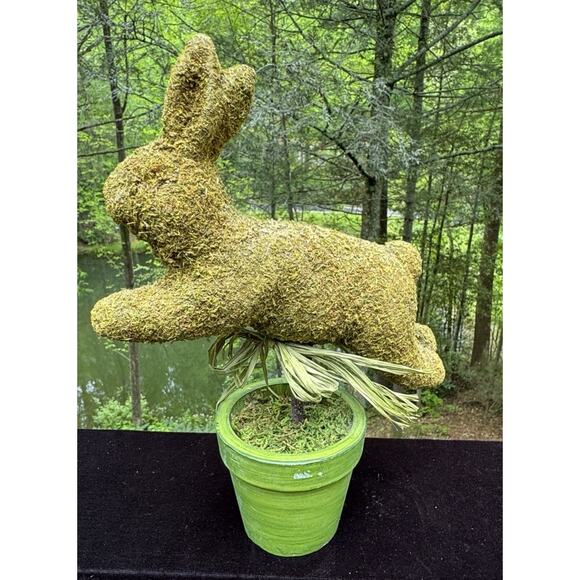 Mossy Green Flocked Bunny Rabbit In Flower Pot Spring Easter Decor - Picture 1 of 8